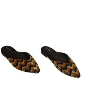 Birdies The Swan Flat Mule Black Gold Deco Beaded Chevron Pointed Toe Size 7.5